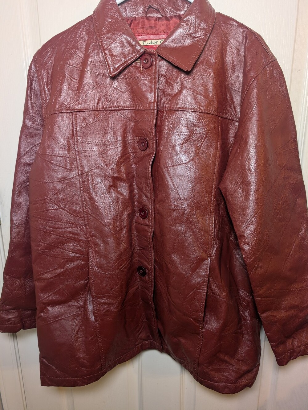 Tudor Court by Haband Dark Red Patchwork Leather Jacket Coat Womens Large